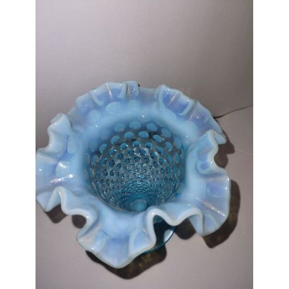 Fenton Glass Aqua Blue Opalescent Hobnail Ruffled Top Vase - Picture 3 of 4